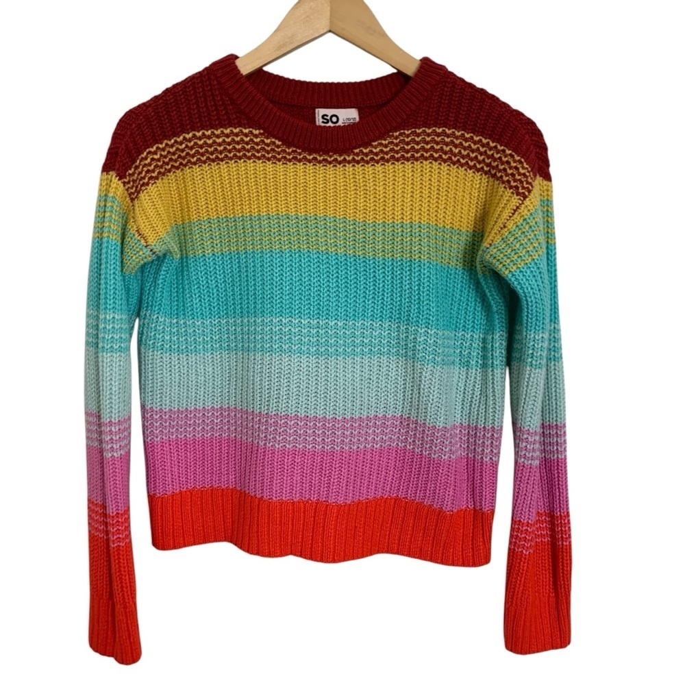 SO Striped Knit Pullover Colorful Sweater Girls L 10-12 Soft Stretch Kids